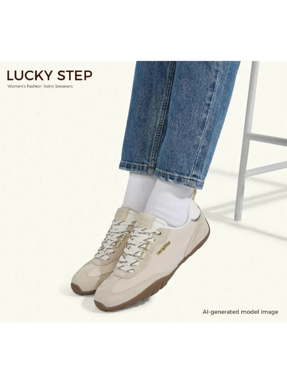 Women's Beige Faux Leather Retro Fashion Comfortable Lace Up Skate Sneakers